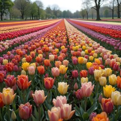 &ldquo;Vibrant Colorful Tulip Field in Full Bloom Under Blue Sky, Endless Rows of Pink Yellow and Orange Tulips in Spring Landscape, Beautiful Flower Farm Countryside Nature Background&rdquo;