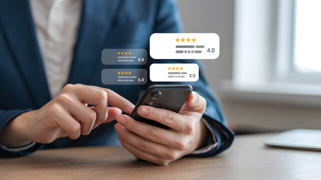 Businessperson evaluating app ratings on smartphone