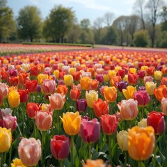 &ldquo;Vibrant Colorful Tulip Field in Full Bloom Under Blue Sky, Endless Rows of Pink Yellow and Orange Tulips in Spring Landscape, Beautiful Flower Farm Countryside Nature Background&rdquo;