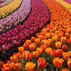 &ldquo;Vibrant Colorful Tulip Field in Full Bloom Under Blue Sky, Endless Rows of Pink Yellow and Orange Tulips in Spring Landscape, Beautiful Flower Farm Countryside Nature Background&rdquo;