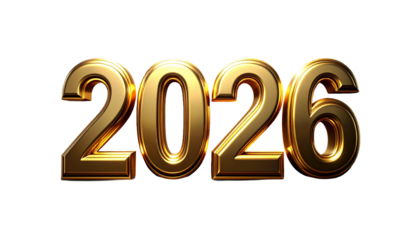Golden 2026 year numbers with transparent background
