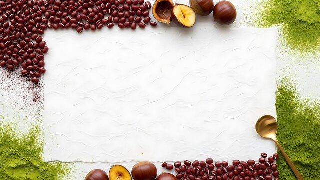 Red Beans Matcha Chestnuts and Spoon Frame with White Paper adzuki beans green tea powder