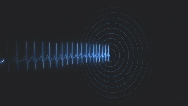 Digital concentric seismic waves, symbolizing monitoring and early warning systems. Disaster preparedness, geophysical research technology, and emergency communication concepts on black background.