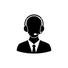 A black silhouette of a suited person wearing a headset and speaking into a microphone