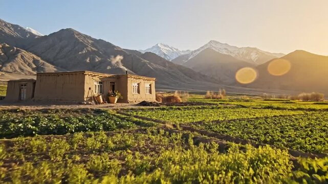 Scenic View of a Mud-Brick House with Green Fields and Majestic Mountains in the Hazara Region at Sunset