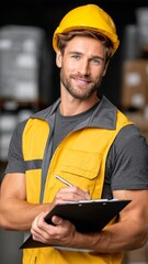 Smiling worker in safety attire holding checklist with warehouse background