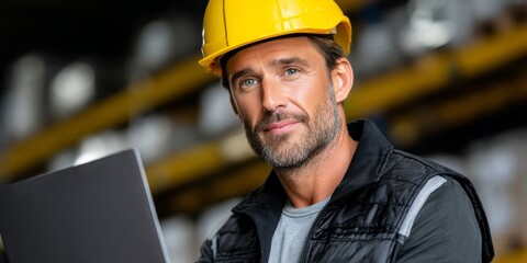Warehouse worker in safety uniform and hard hat using a laptop while standing in a storage facility with shelves in the background
