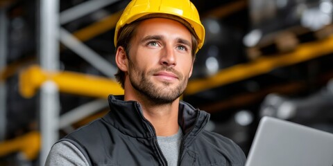 Warehouse worker in a safety uniform using a laptop in a storage facility filled with shelves and equipment