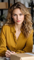 Young woman with curly hair in a mustard blouse, writing notes and analyzing documents in a bright, modern workspace