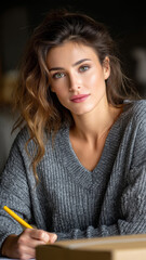 Woman calculating profits with a pencil in a cozy indoor setting, soft lighting enhancing the serene atmosphere