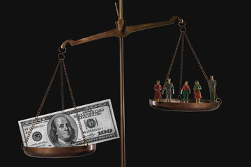 Scales balancing money against people, symbolizing inequality, capitalism, and moral conflict in modern society.