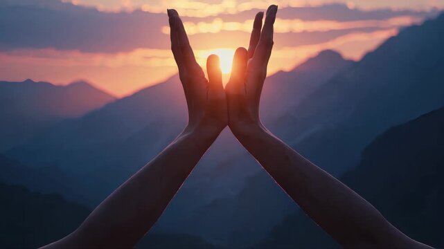 Hands raised towards warm golden sunlight, hopeful gesture, glowing sunrise over mountains, soft dreamy bokeh background