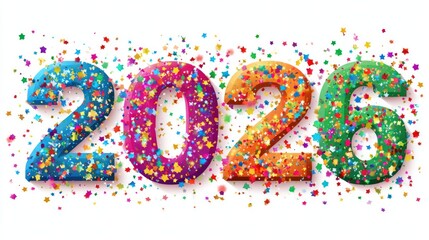 Vibrant Happy New Year 2026 Typography with Confetti Stars Colorful Celebration Banner for Social Media Website Header App Splash Screen Transparent PNG Vector Illustration
