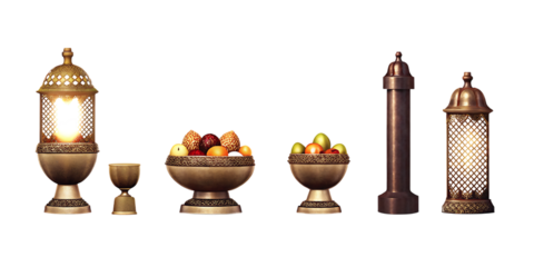 Bronze lanterns and bowls with fruit on white background isolated on a transparent background decorative