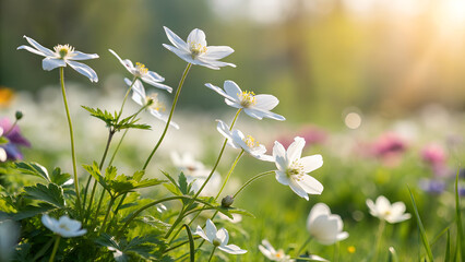 Dreamy White Anemone Flowers in Lush Spring Garden at Golden Sunrise anemone, white, flowers, spring, garden, blooming, dreamy, meadow, sunrise, golden, light, lush, green, petals, floral, nature,