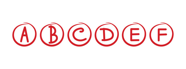Hand Drawn Grade Results icon Set. Education mark symbols from A to F in red hand drawn circles. Exam results vector illustration.