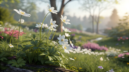 Dreamy White Anemone Flowers in Lush Spring Garden at Golden Sunrise anemone, white, flowers, spring, garden, blooming, dreamy, meadow, sunrise, golden, light, lush, green, petals, floral, nature,