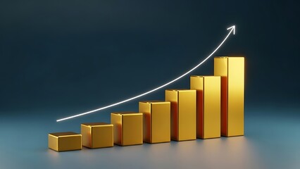 Glowing upward arrow traces a path over rising golden bar graph symbolizing significant financial growth