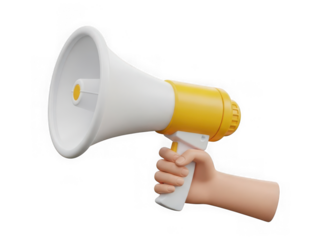 3d cartoon hand holding a yellow and white megaphone for announcement or promotion isolated on transparent background