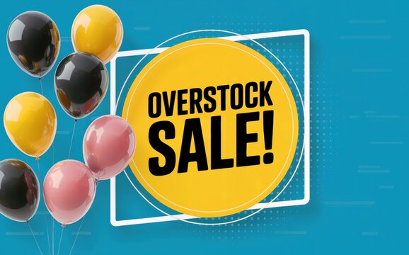 A vibrant graphic design announcing an overstock sale with glossy black yellow and pink balloons floating upwards A prominent yellow circle displays the bold black text against a bright blue backgroun