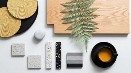 Aesthetic flat lay of natural and textured materials for interior design inspiration