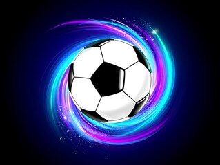 Glowing Neon Soccer Ball with Dynamic Energy Swirl on Dark Background