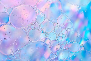 Abstract Iridescent Oil Bubbles in Water with Pastel Blue and Pink Hues Creating Swirling Patterns for Background
