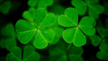 Close-Up of Vibrant Green Four-Leaf Clovers with Fresh Dew Drops on Dark Background