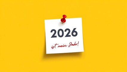 White Note Paper Pinned with Red Pushpin Displaying Handwritten 2026 and "ist mein Jahr!" Message on Bright Yellow Background