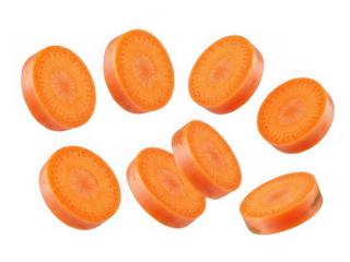 Several bright orange carrot slices floating in the air, isolated on transparent background for fresh vegetable concept