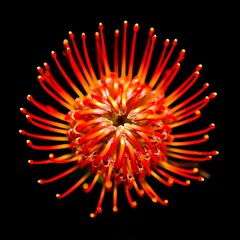 Vibrant Red Pincushion Protea Flower Blooming with Spiky Petals on Black Background