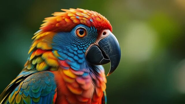 A vibrant, detailed portrait of a macaw with brilliant plumage against a soft green backdrop
