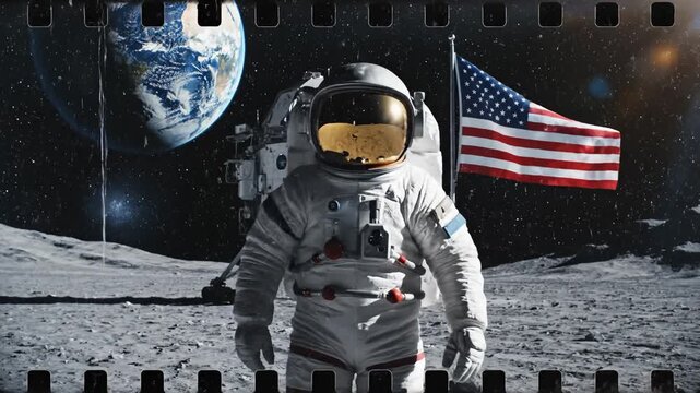 Astronaut Stands on Lunar Surface With American Flag, Earth in Background