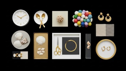 An elegant assortment of home decor items featuring gold accents and natural textures