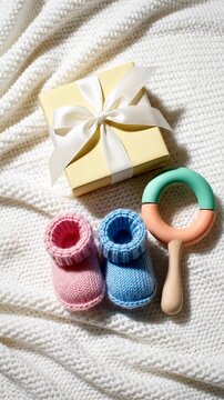 Baby Shower Gift Presentation With Booties and Toy Rattle, on Knitted Blanket
