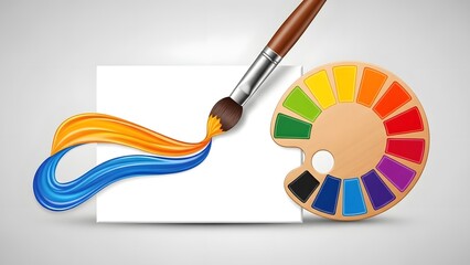 An artistic set of abstract watercolor backgrounds featuring colorful brush strokes, a vibrant palette, and painter tools like a rainbow pencil and pen for creative education and design