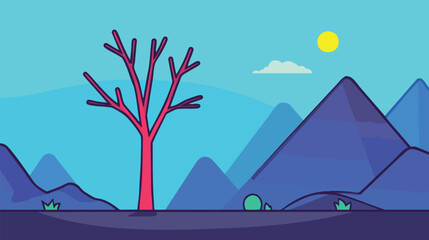 A stylized illustration depicts a vibrant pink tree standing against a backdrop of blue mountains and a bright yellow sun, creating a serene and colorful landscape.