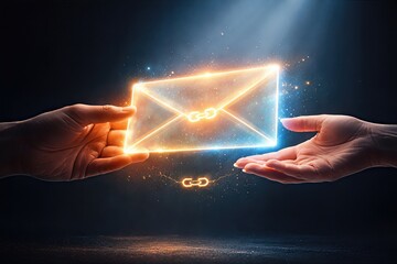 Illustration of ethereal envelope transfer symbolizing digital communication and connectivity while exchanging information in a modern era of technology and emotional resonance