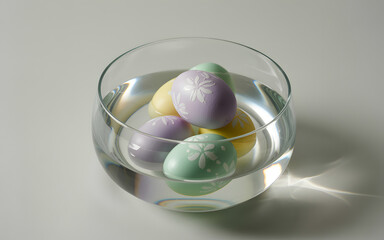 Happy easter sunday eggs in glass bowl on table
