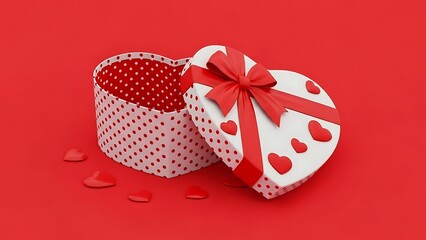 Heart shaped gift box with red bow and polka dots on red background for valentines day
