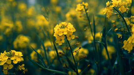 Obraz premium Field of bright yellow canola flowers blooming in a meadow with soft focus green background