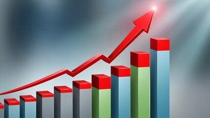 3d business financial bar chart showing market growth and profit success with a red arrow moving up to illustrate data progress and report improvement