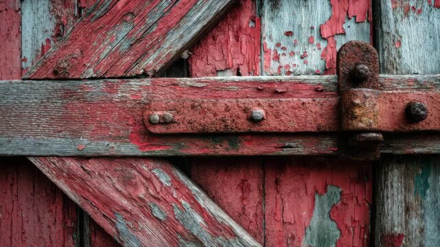 Ultra HD Closeup of weathered red barn door with peeling paint and rusted metal hasp video