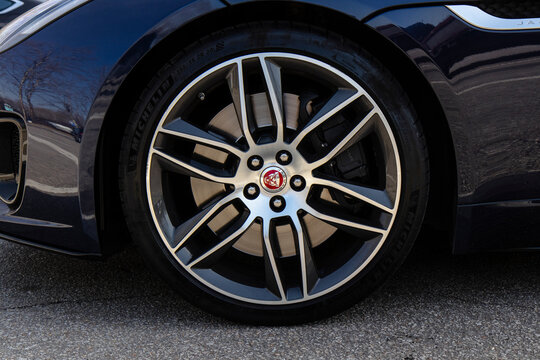 March 16, 2021, Seoul, South Korea - A close-up of the alloy wheel and Michelin tire on a Jaguar F-Type sports car.