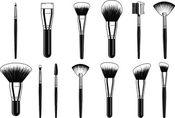 Set of makeup brush illustrations including powder foundation eyeshadow and fan brushes for professional beauty cosmetics artistry and skin care