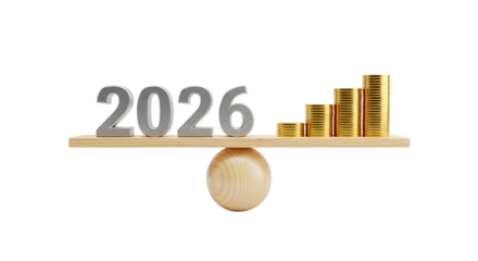 2026 year with gold coins on a wooden balance scale Isolated on transparent background