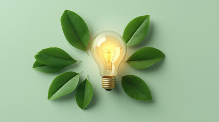 Green Energy Concept with Wireless Light Bulb and Green Leaves &ndash; Carbon Neutral, ESG and Clean Renewable Energy