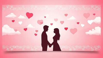 Silhouette of romantic couple holding hands with hearts and clouds in pink background