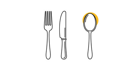 A minimalist line art icon set of a fork knife and spoon with a yellow accent spot perfect for a restaurant menu or food blog design.