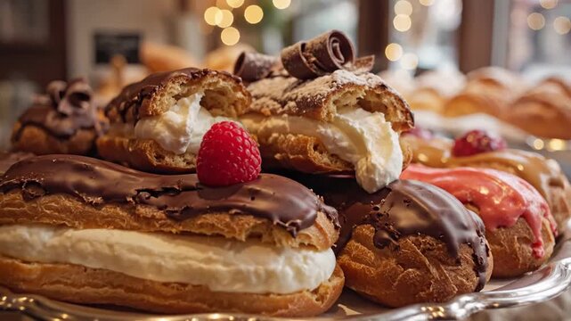 Abundant platter of sweet eclairs filled with cream and glaze, featuring chocolate and fruit toppings